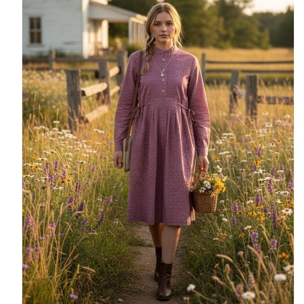 Prairie Cottagecore Midi Dress Small Mauve Pintuck Long Sleeve‎ Tie Waist